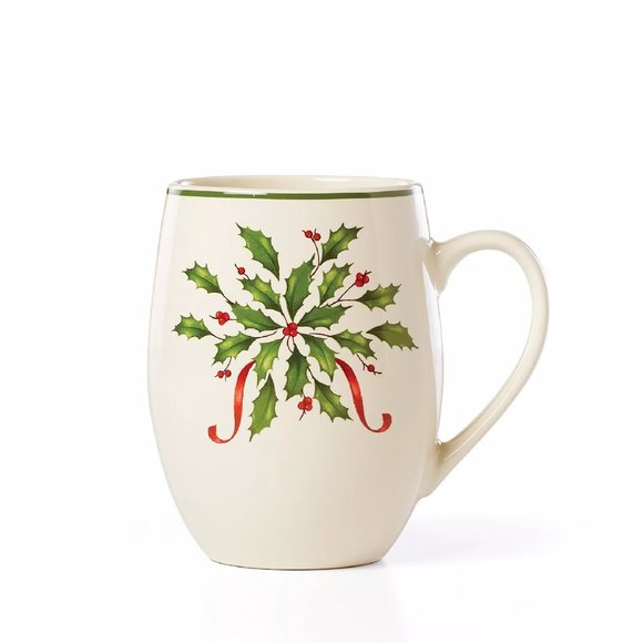 new Boxed Set of 2 Lenox Christmas Holiday Holly Leaves 5-inch Cocoa Mugs #B - Picture 5 of 9